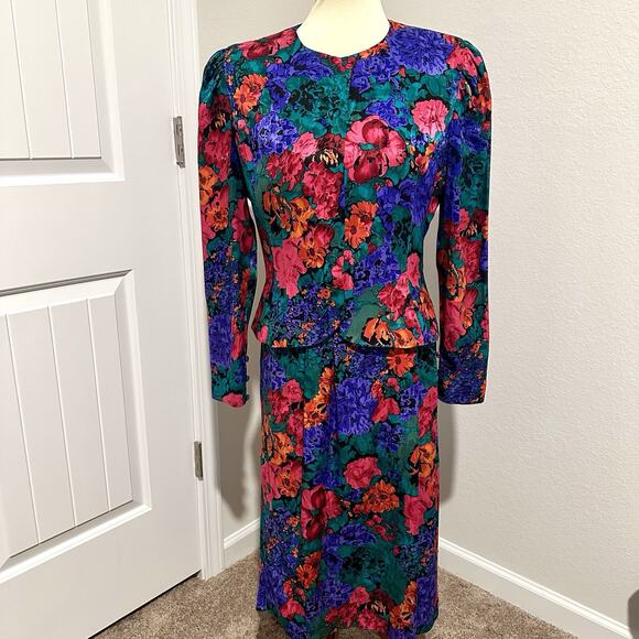 VTG Adrianna Papell 100% Silk Floral Skirt Suit Size 8 Bloomcore Career Colorful - Picture 9 of 10